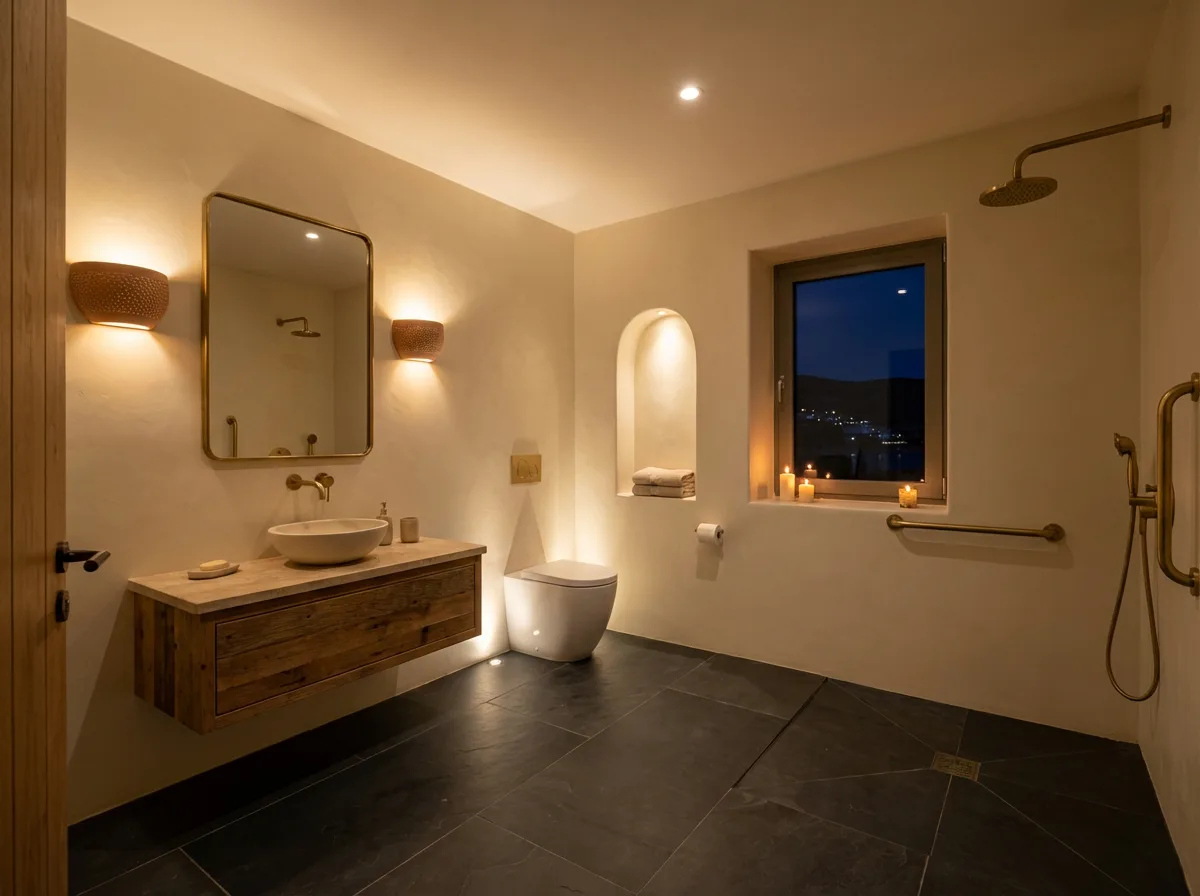 Bathroom in daylight, stone vanity