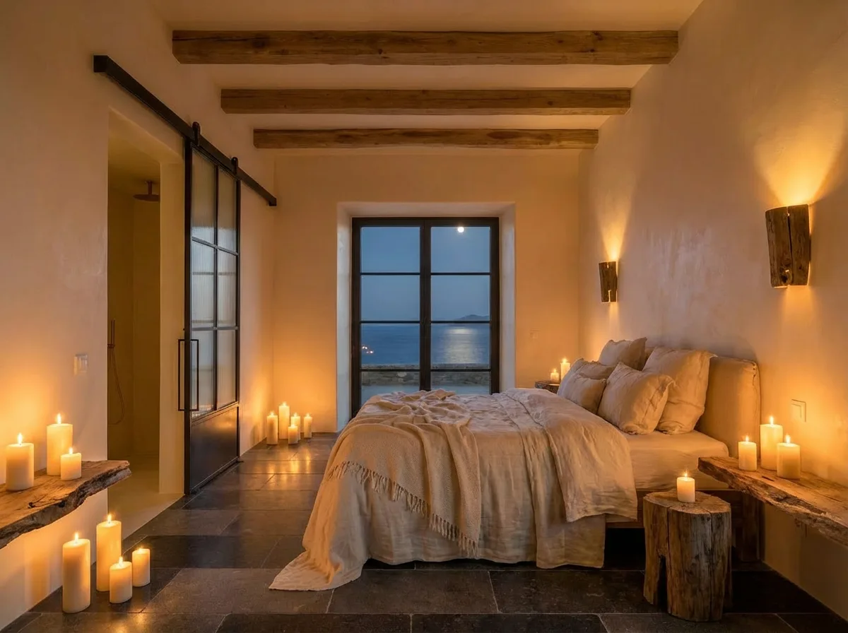 Ida by candle — slate floor, ember walls, the sea outside black