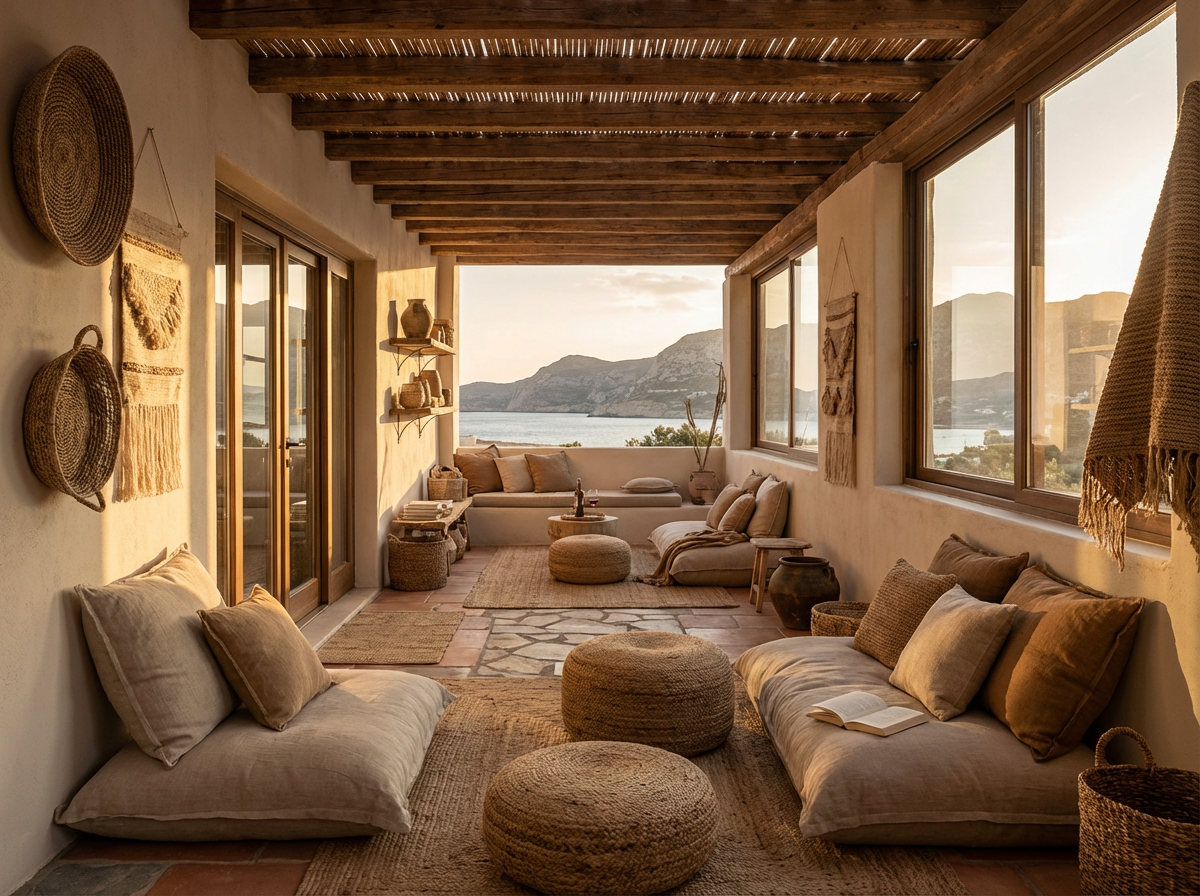 Rhea — interior pergola lounge with raw linen cushions, woven baskets, sea through arched windows
