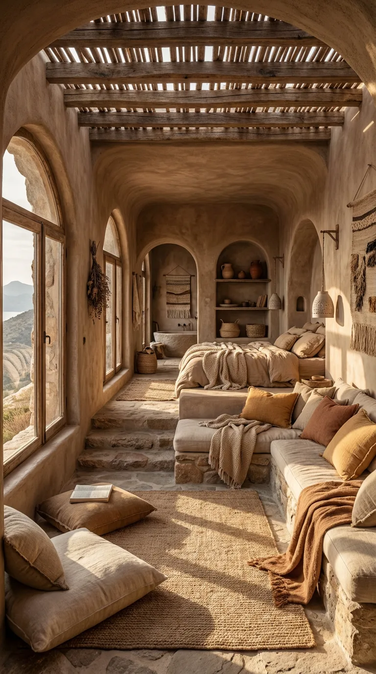 Rhea — interior detail, raw cotton, warm stone floor