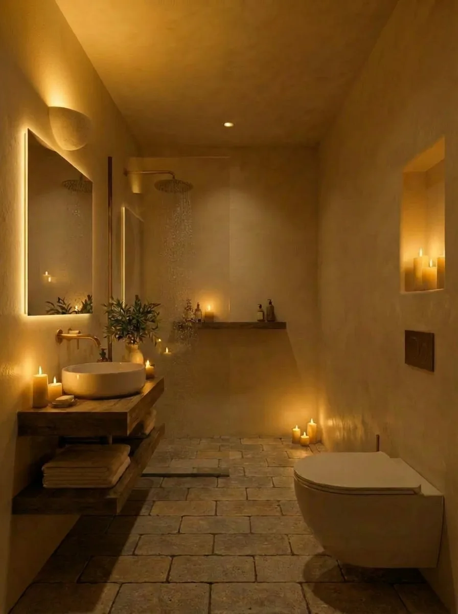 The bath by candle — alcove, warm low light, the day finishing