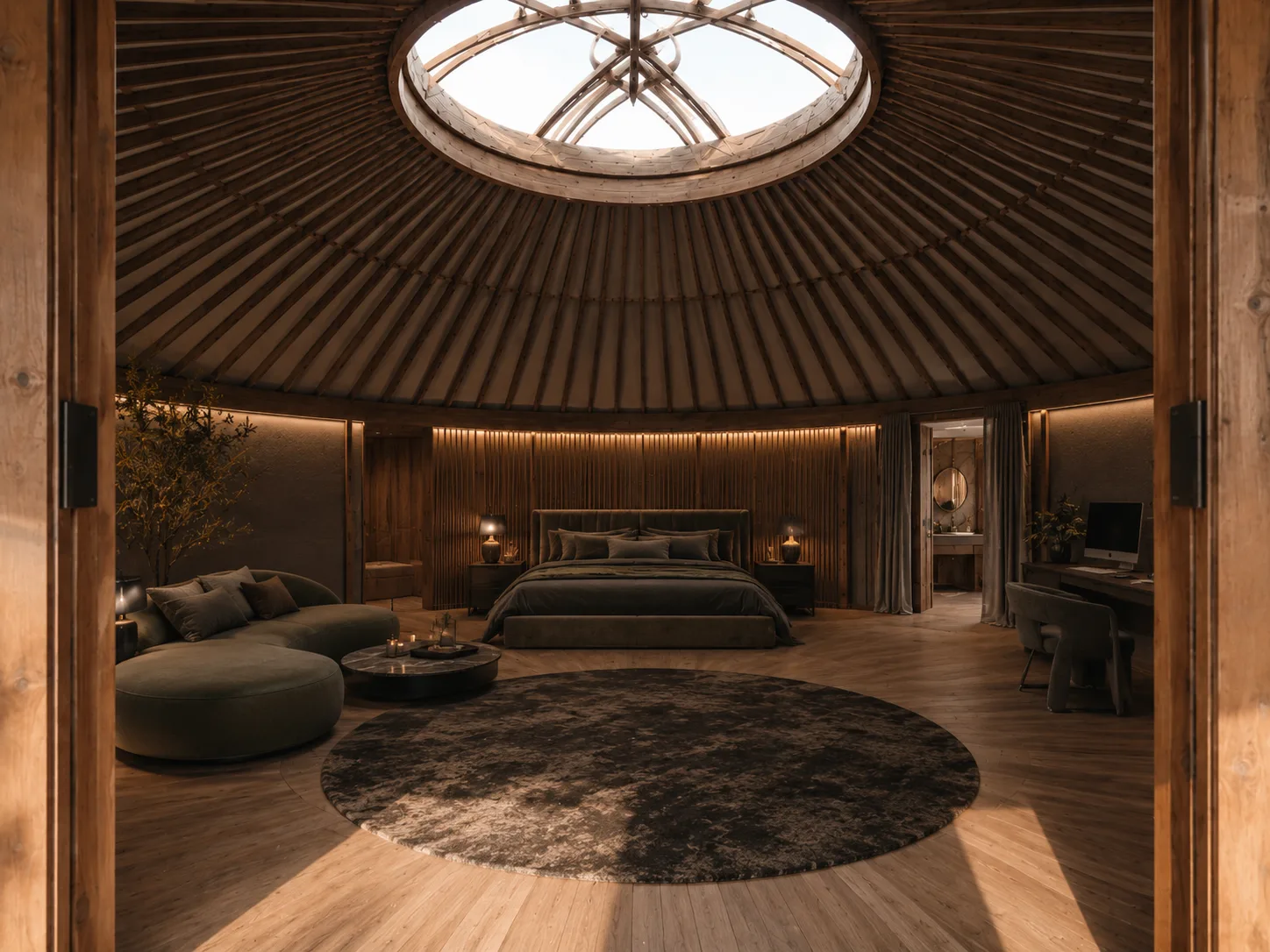 Khanat by candle and lamp — olive velvet bed, dark round rug, the desk in the alcove, the bathroom beyond